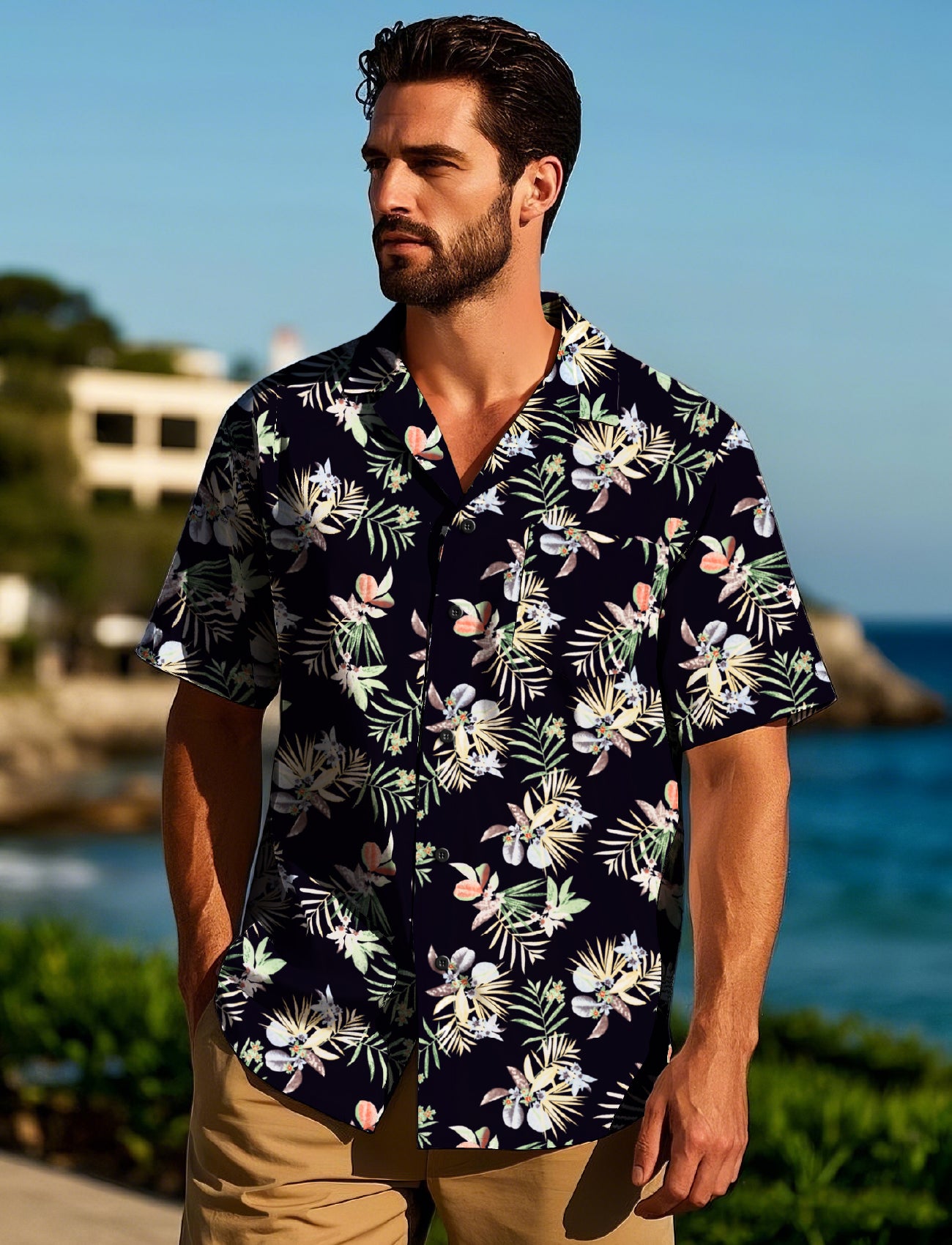Hawaiian Shirt for Men Casual Summer Beach Shirts Midnight Bouquet